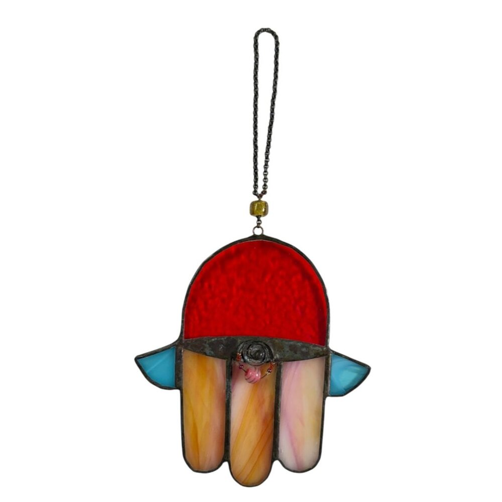 Stained Glass Hamsa Hand Suncatcher Bead Accents Jewish Window Decor Gift 6"